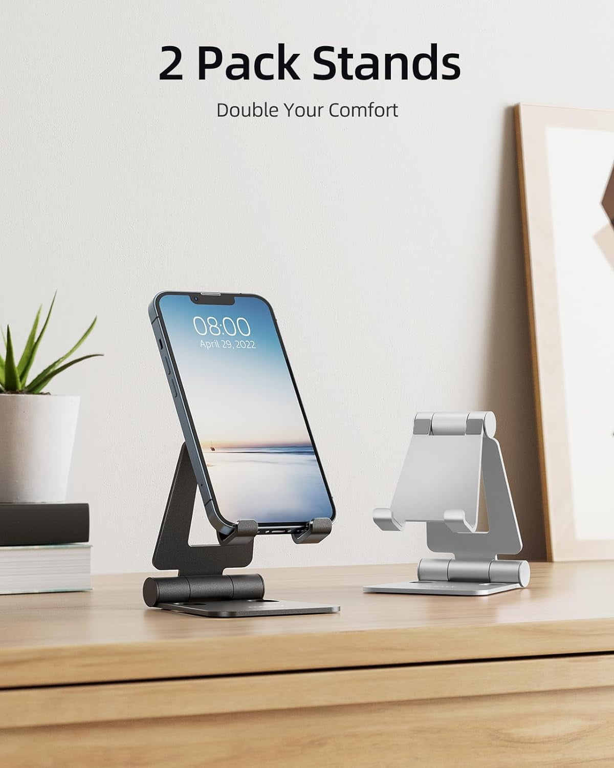 2 Pack Fully Aluminum Dual Folding Cell Phone Stand, Adjustable Foldable Desktop Phone Holder for Desk Compatible with iPhone 17 16 15 14 13 12 11 Pro Max Xs Xr X 8, All Phones, Black & Silver