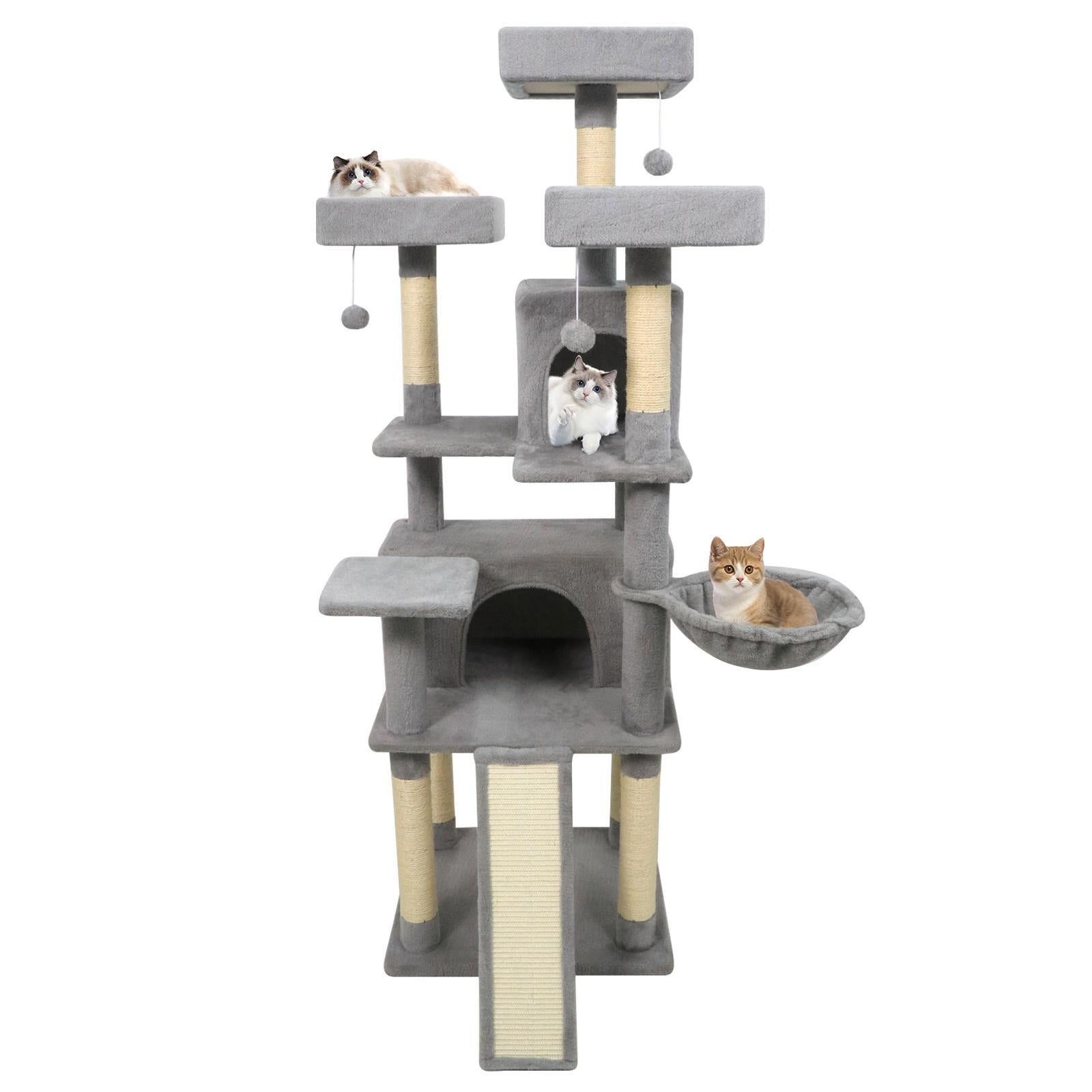 Barara King 65 Inch Tall Multi-level Cat Tree with 3 Upholstered Perch and 2 Cat Condos, Cat Tower for Indoor Cats, Cat Condo for Indoor Cats, Light Gray