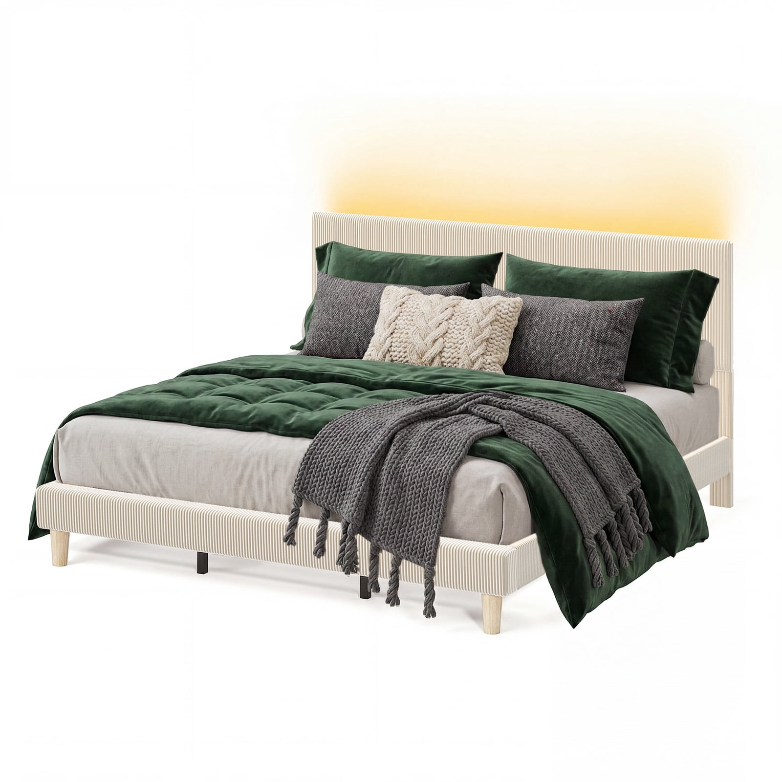 Bestier Corduroy Upholstered King Bed Frame with Adjustable Headboard, Platform Bed Frame with LED Light, Solid Wood Slats, No Box Spring Needed, Off White