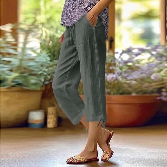 Hurxie Women's Linen Capri Pants with Drawstring Petite Summer Beachwear Lightweight Elastic Waist Pants Sky Blue,2XL
