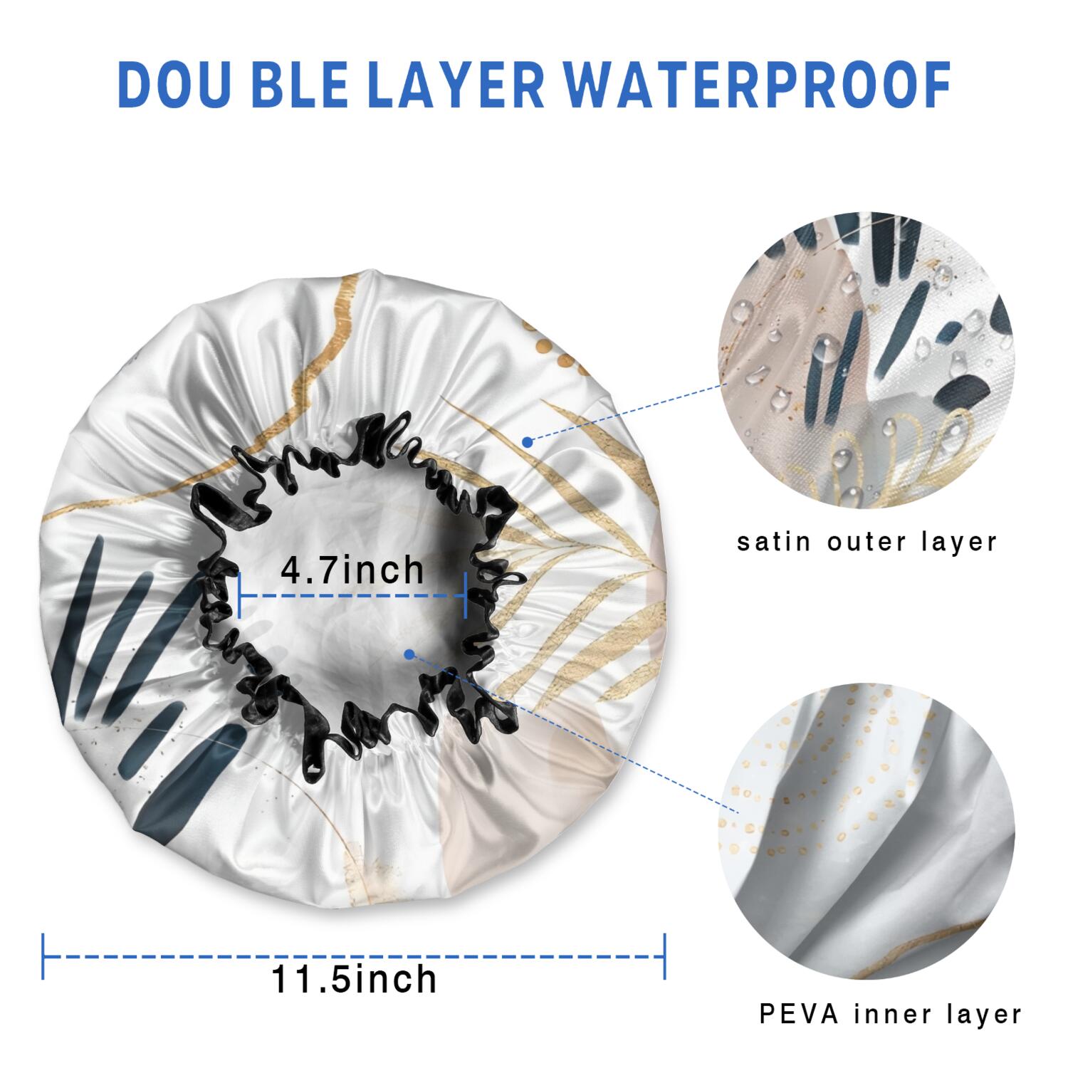 Shower Caps,Blue Boho Abstract and Plant Pattern Waterproof Shower Cap for Women 4 Pieces,Double Reusable Hair Cover for Shower PEVA Elastic Stretch Hem