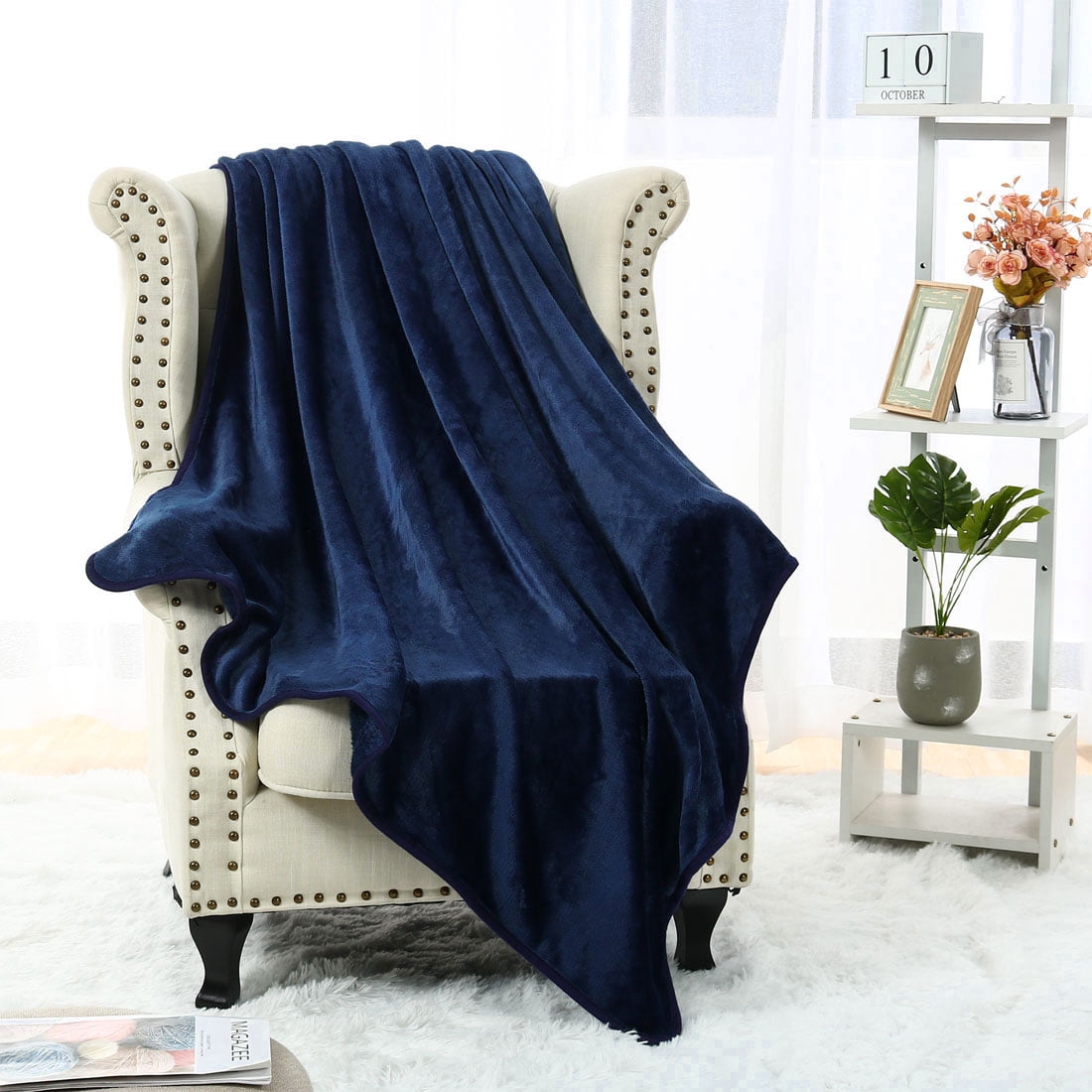 Unique Bargains Flannel Fleece Blanket Soft Luxury Hemmed Navy Blue Twin
