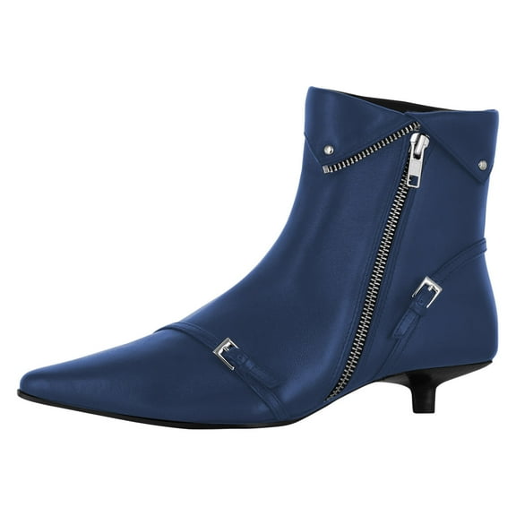FSJ Women Gorgeous Side Zipper Ankle Boots Pointed Close Toe Buckled Belts Short Bootie Kitten Low Heel Office Walking Dress Shoes Size 8 Blue