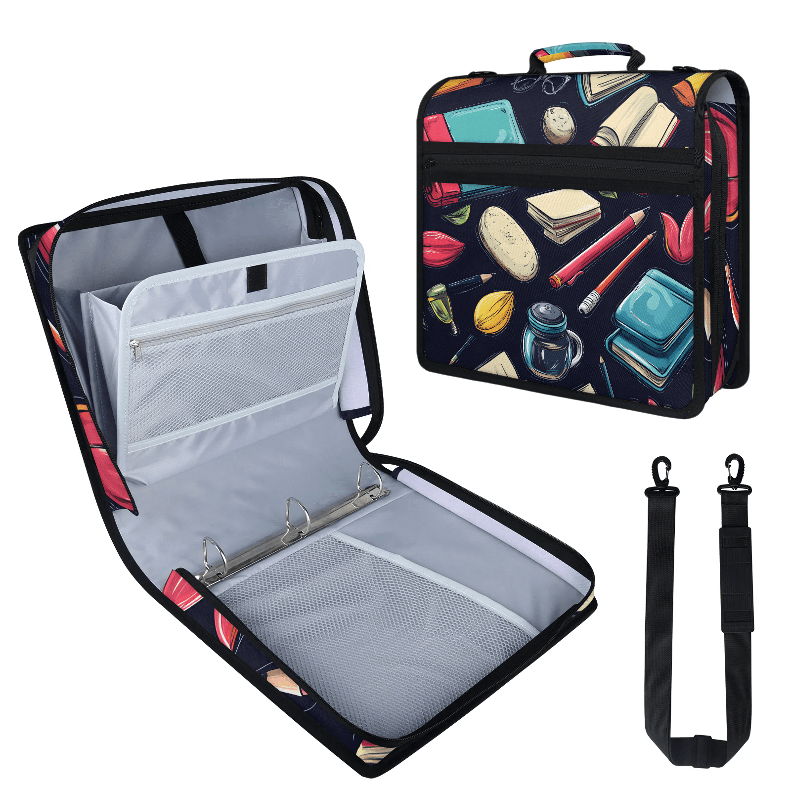 Water-Resistant Zipper Binder with 2 Expandable File Pockets and Detachable Strap, 3 Ring A4 Organizer for Students and Teachers, 13.78x12.6 Inches
