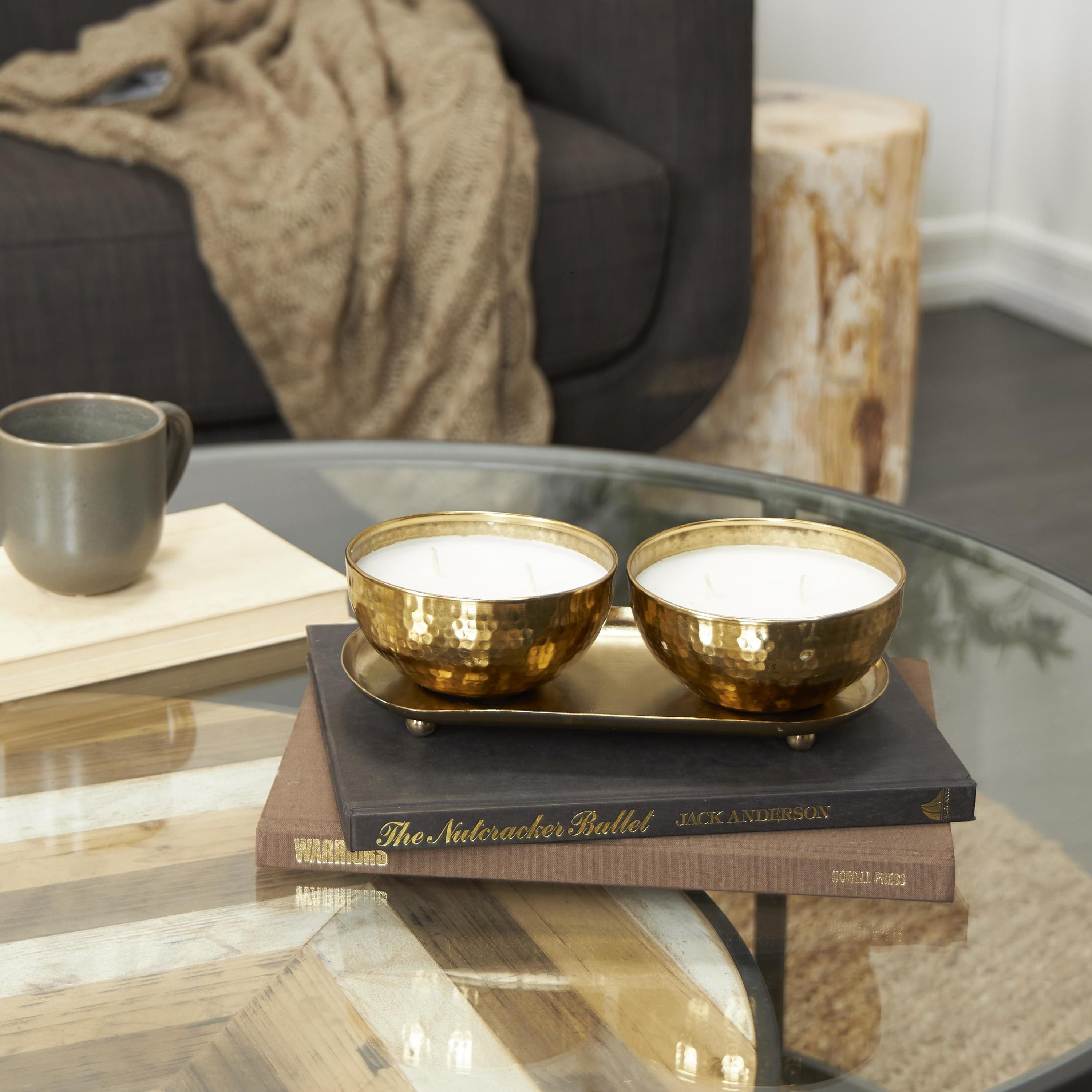 DecMode 2 Holder Gold Metal Egyptian Mint Scented Hammered 12 oz 2 Wick Candle with White Wax, (Set of 2)