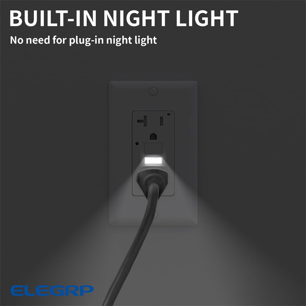 ELEGRP GFCI Outlet w/Nightlight, 20 Amp Self-Test GFI Electrical Outlet, Thinner Design, Tamper Resistant GFCI Receptacle, Ground Fault Receptacle w/Screw Wall Plate, UL Listed, Black