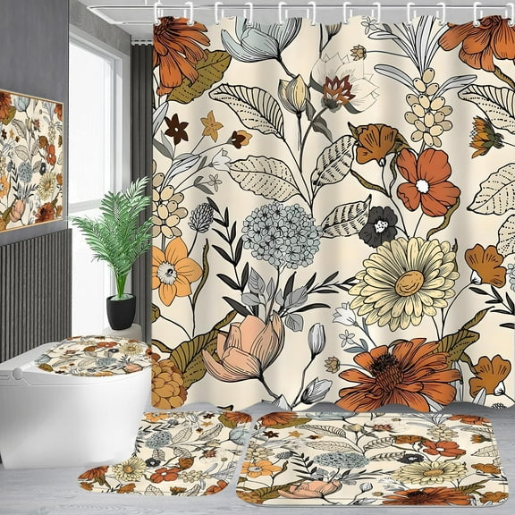 4-Piece Boho Floral Shower Curtain sets Bohemian Wildflower Design Bathroom Set with Shower Curtain and Rugs, Cute Fun Decorative Bath Set with Hooks for Home Decor