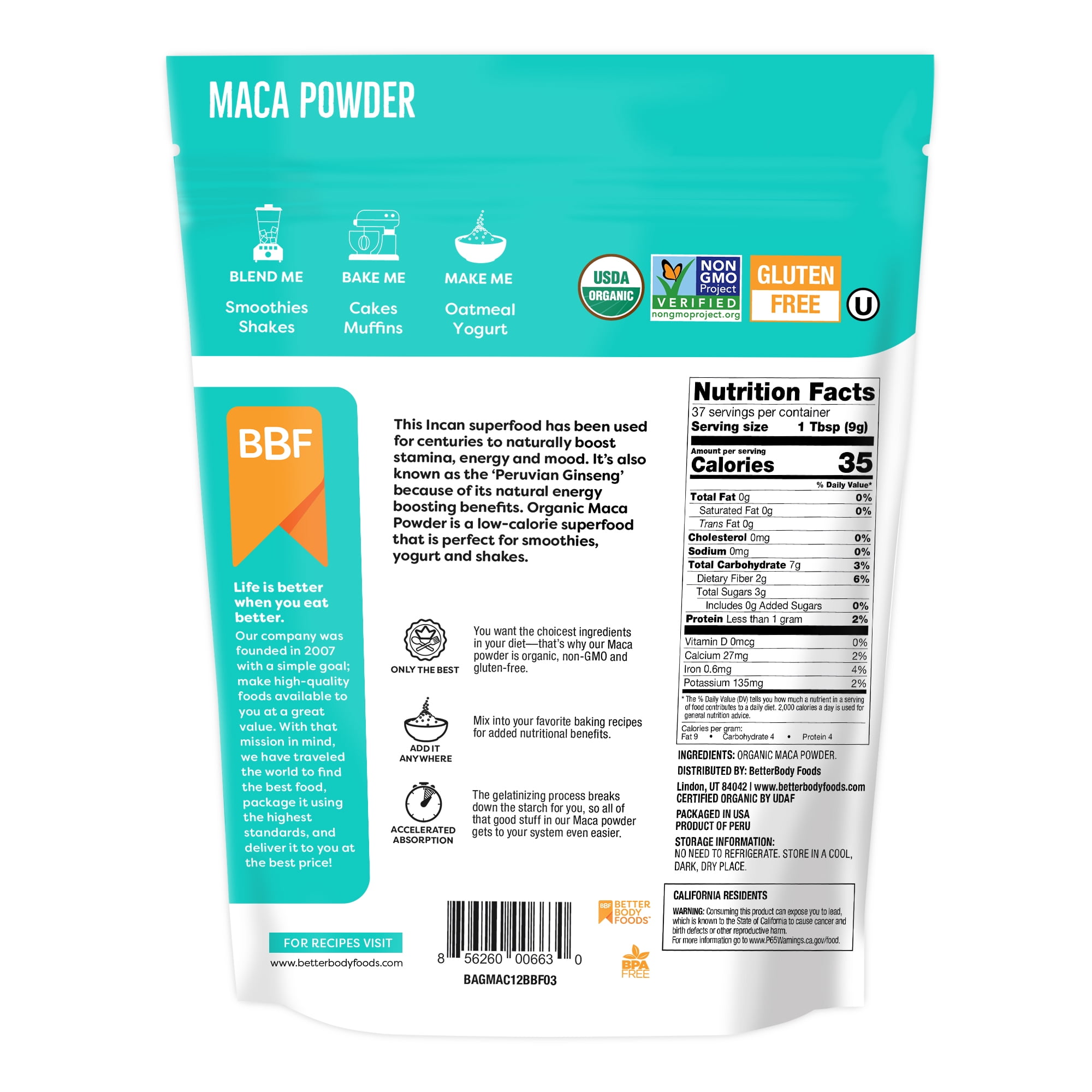 (6 pack) BetterBody Foods Organic Maca Powder, Superfood Powder, 12 oz