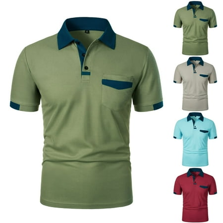 cllios Mens Casual Golf Shirts Summer Color Block Button V Neck T-Shirts Fashion Comfy Collared Short Sleeve Tennis Shirt Tops with Pocket
