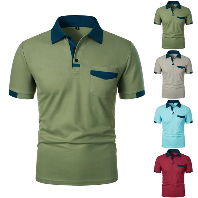 ZRGHAOYLQ Color Block Henley Shirts for Men Short Sleeve Button Up Shirt Tops Plus Size Big and Tall Tshirts Loose Collared T Shirts with Pockets