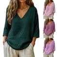 thumbnail image 6 of Mature Women Clothing, Womens Linen Tops 3/4 Sleeve V-Neck Linen Cotton Tunic Blouse, Casual Peasant Shirts Soft Light Beach Vacation Tees Loose Airy Shirts for Outdoor Leisure And Vacations, 6 of 9