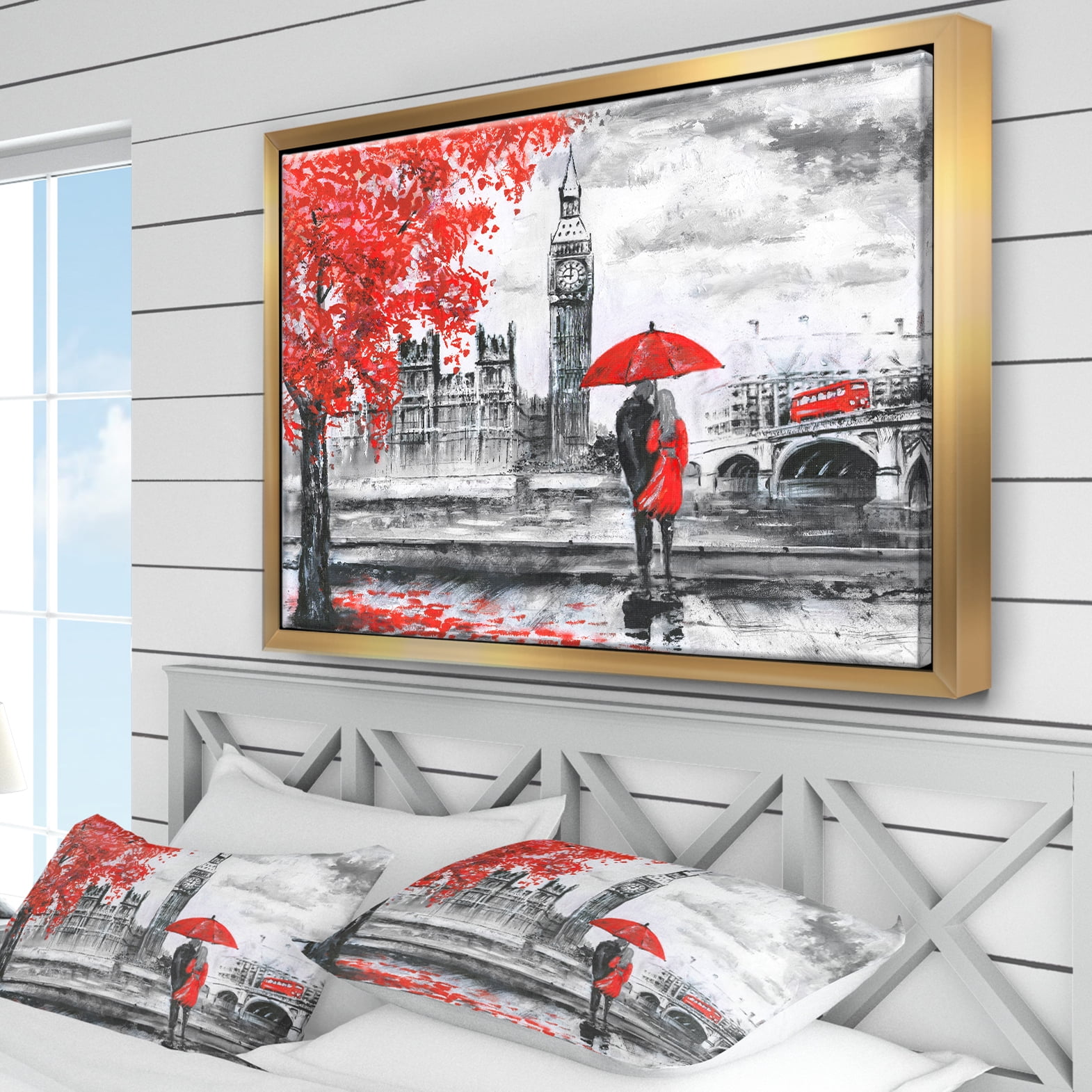 Designart ' Couples Walking in London ' Landscape Framed Canvas Art Print