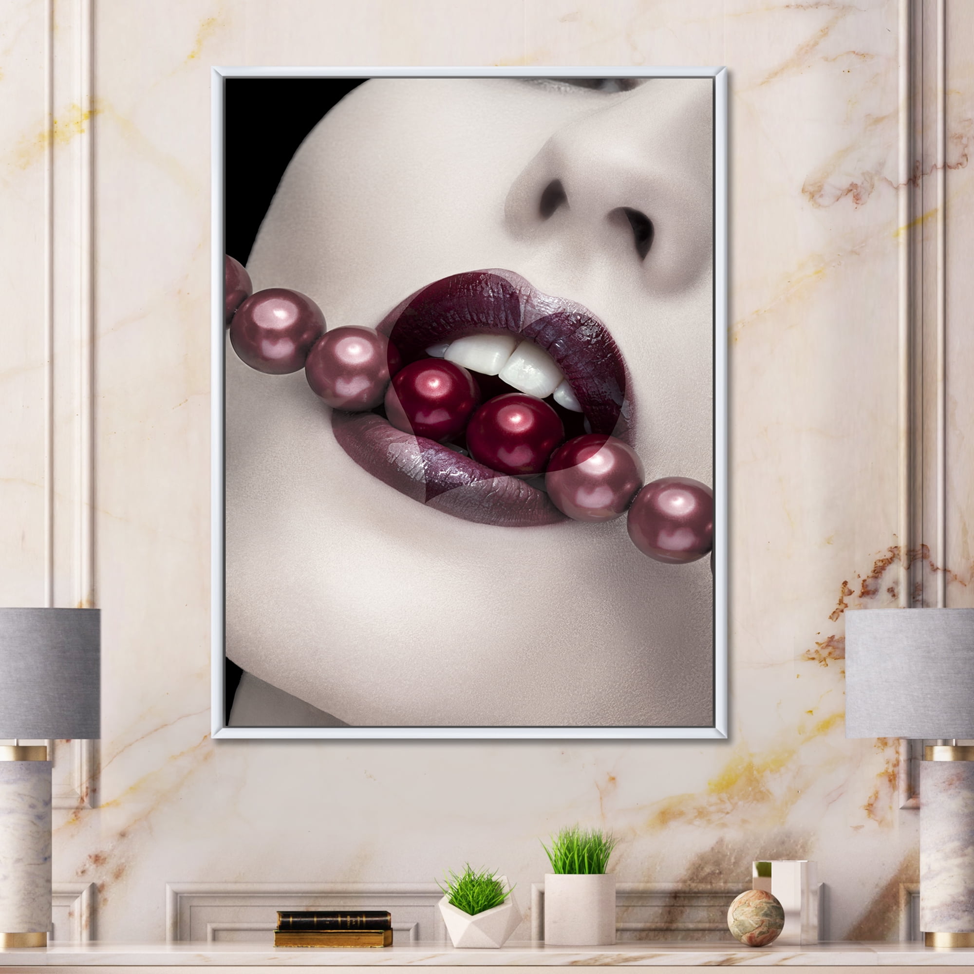 Designart 'Pearls Through Mouth With Heart Shape Lips' Modern Framed Canvas Wall Art Print