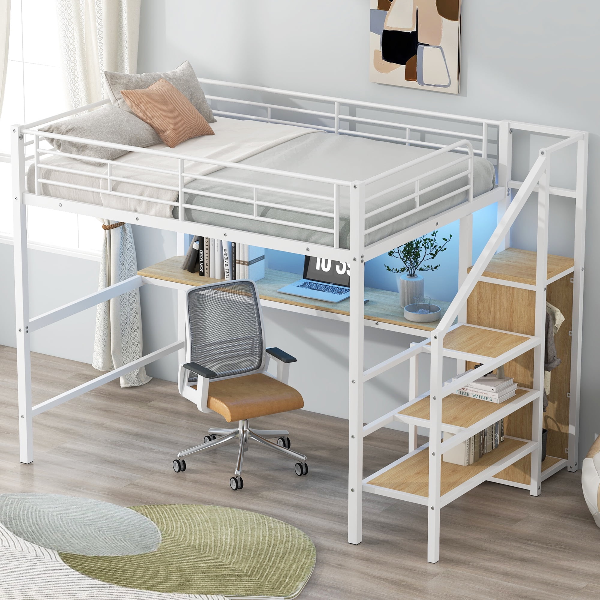 Euroco Metal Full Size Loft Bed with Desk and LED Light, Storage Staircase and Open Wardrobe, White