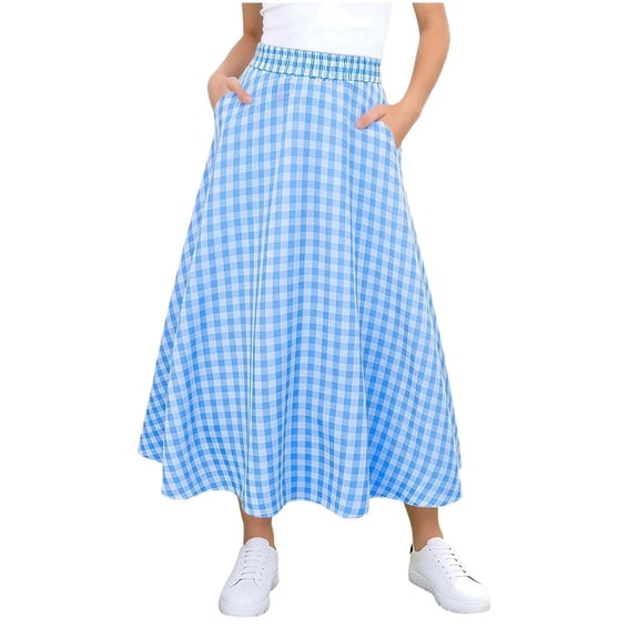Tdoqot Girls Plaid Skirts with Pockets- Flowy Summer Elastic Waist Cute Casual Kids Maxi Skirts Blue Size 6-14