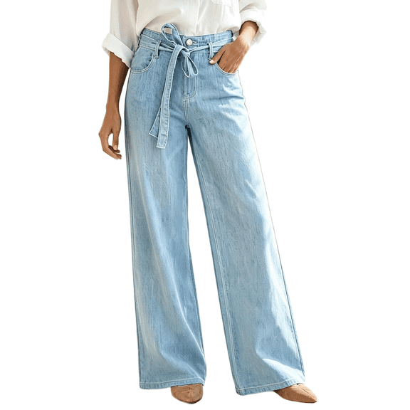 Women's High Waisted Wide Leg Denim Jeans, Light Blue Wash, with Long Detachable Waist Strap Ties, Straight Casual Pants