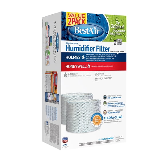 BestAir H75-2 Pack, Holmes Replacement, Paper Wick Humidifier Filter, 7.9" x 2.6" x 14"