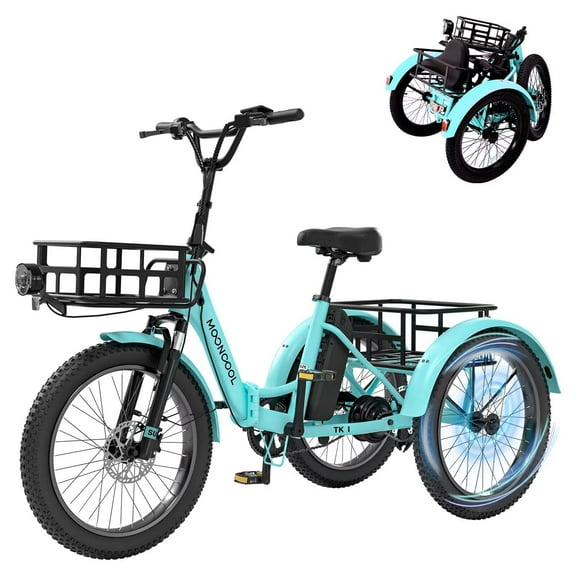 LILYPELLE TK1 Electric Folding Tricycle for Adults & Seniors,with 750W Motor & 48v 14.5Ah Detachable lithium battery, 20*3in Fat Tires,Cyan