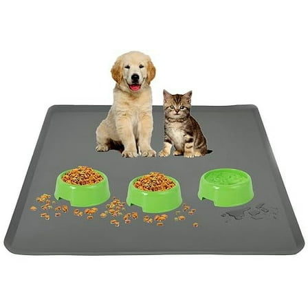 Skywin-Pet Food Mat 28 x 30 Inches, Pet Tray for Food and Water, Dog Food Mat, Silicone Dog Mat, Non Slip Cat Food Mat, Dog Bowl Mat Waterproof, Pet Supplies (Grey)