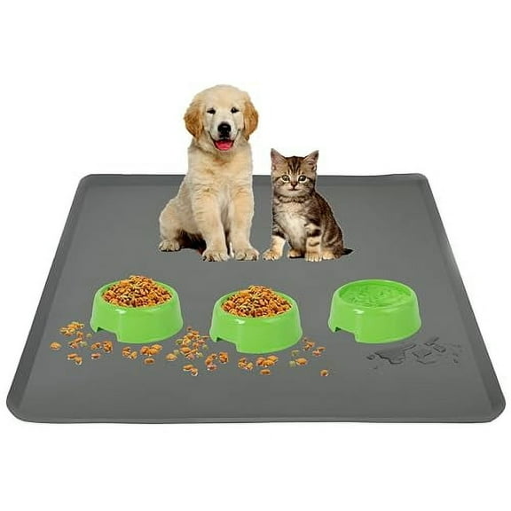 Skywin-Pet Food Mat 28 x 30 Inches, Pet Tray for Food and Water, Dog Food Mat, Silicone Dog Mat, Non Slip Cat Food Mat, Dog Bowl Mat Waterproof, Pet Supplies (Grey)