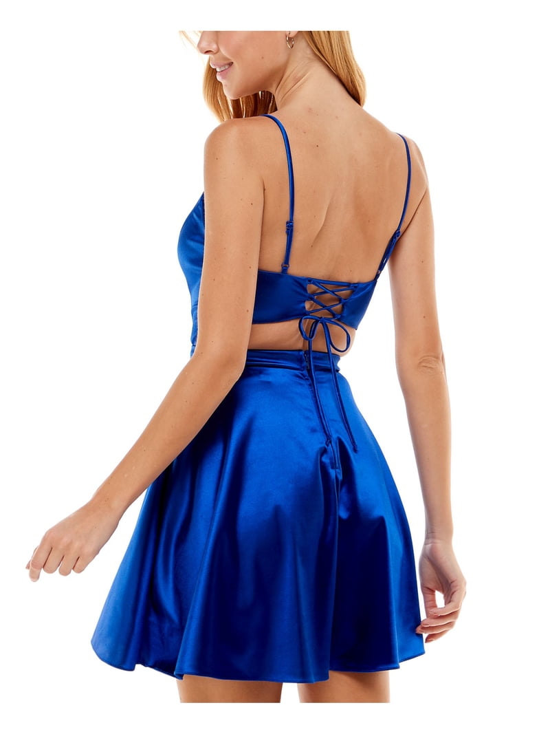 CITY STUDIO Womens Blue Zippered Lace-up Back Adjustable Sleeveless V Neck  Short Party Fit + Flare Dress Juniors 15 - Walmart.com