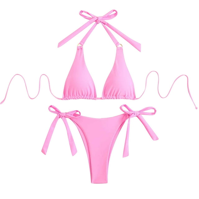 Lovzfmll Women's Trikini Set, Solid Color Halter Top with Pads and String Bottoms, Two Piece Bathing Suit for Beach