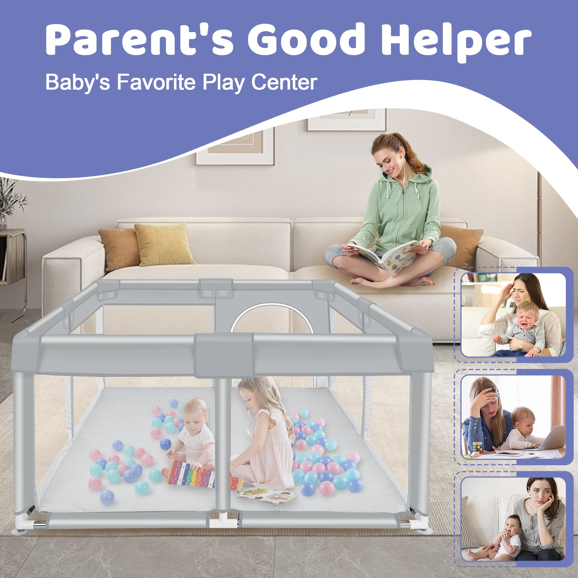 Baby Playpen, HDJ 50*50 inch Baby Play Yard with Soft Breathable Mesh and Anti-Slip Base, Baby Fence Infant Playard for Boy and Girls, Gray