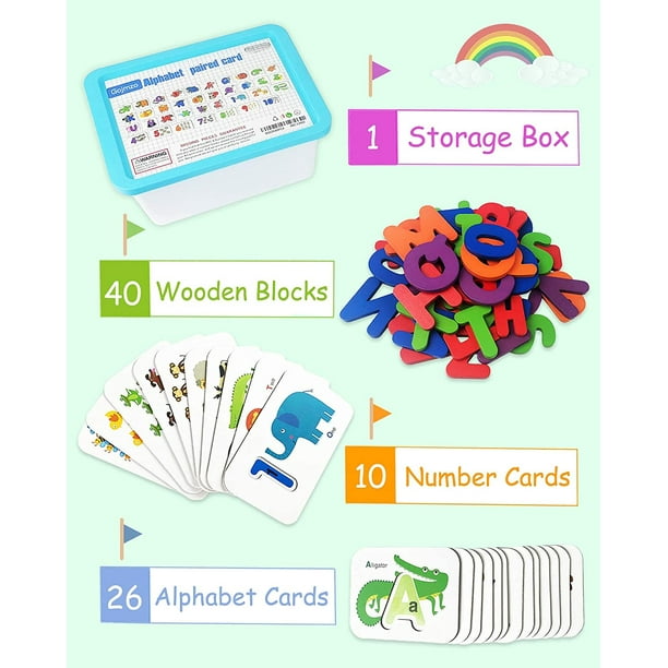 Cartes flash chiffres et alphabet pour les tout-petits de 3 à 5 ans, jouets  éducatifs ABC Montessori, cadeaux pour 3 4 5 ans, activités d'apprentissage  préscolaire, lettres et chiffres en bois. 