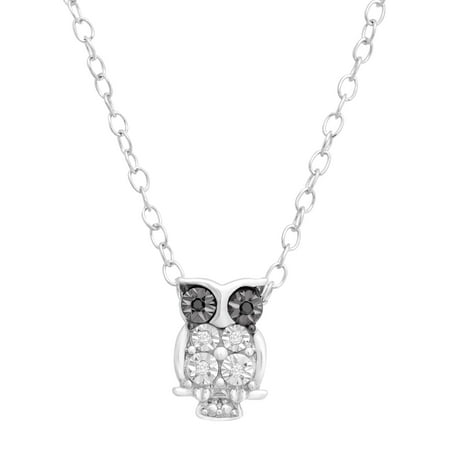 Petite Expressions Owl Pendant Necklace with White and Black Diamonds in Sterling Silver, 17