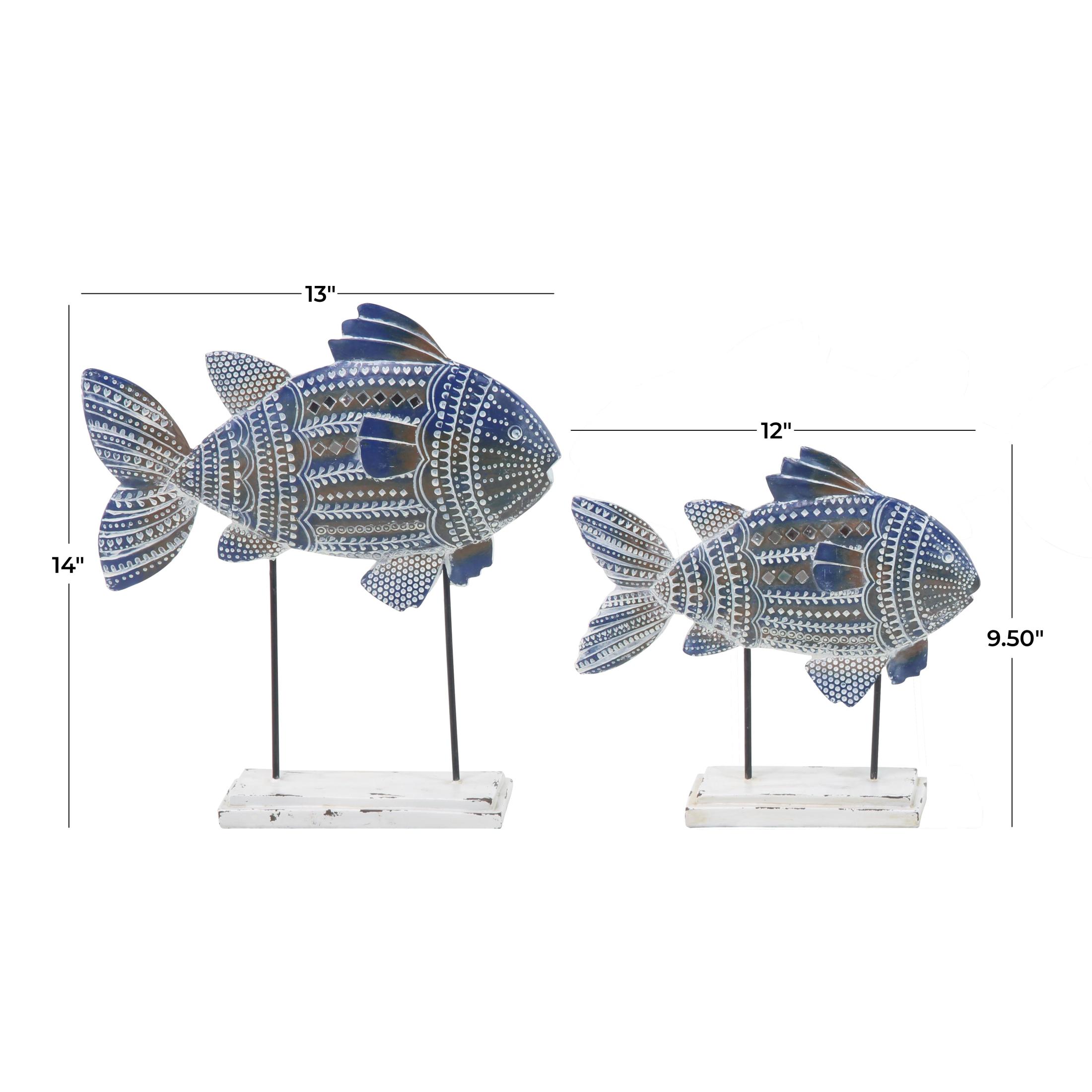 14", 10"H Blue Polystone Tribal Patterned Fish Sculpture with White Carvings and Mirrored Accents, by DecMode (2 Count)