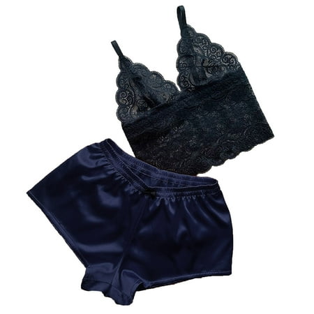 

Women Lace Satin Bra Camisole Sling Tops Shorts Pajamas Two Piece Set