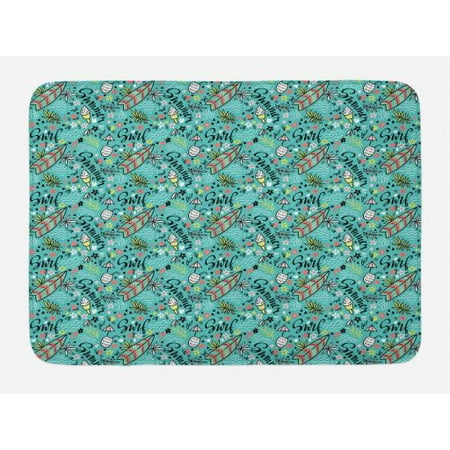 Surfboard Bath Mat, Tropical Composition Cocktail Ice Cream Floral Elements and Lettering, Non-Slip Plush Mat Bathroom Kitchen Laundry Room Decor, 29.5 X 17.5 Inches, Turquoise Multicolor,