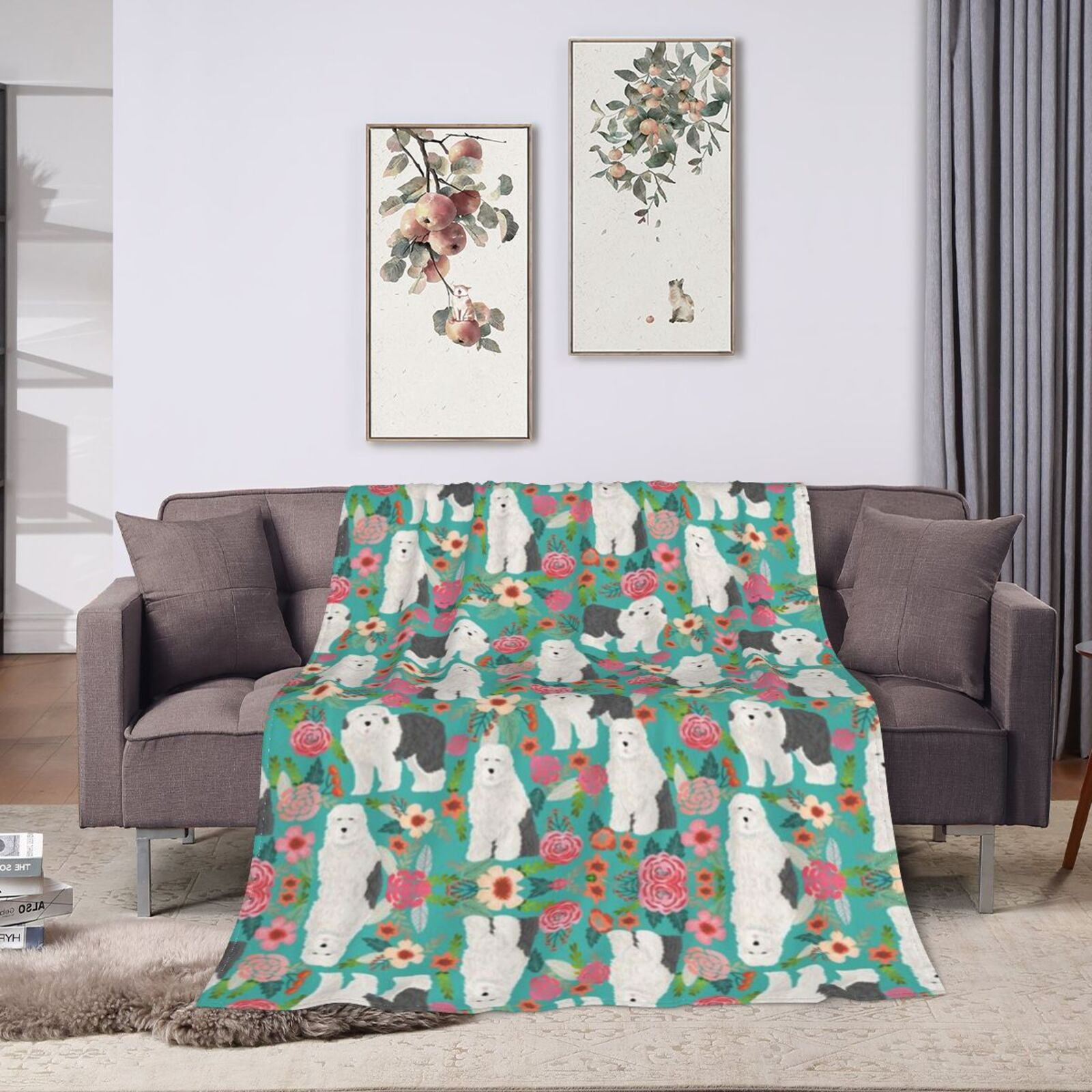 Wijzvio Old English Sheepdog Dogs Lovers Flower Floral Throw Blanket Soft Fuzzy Fleece Blanket For Couch Bed Living Room Decoration 50"X40"