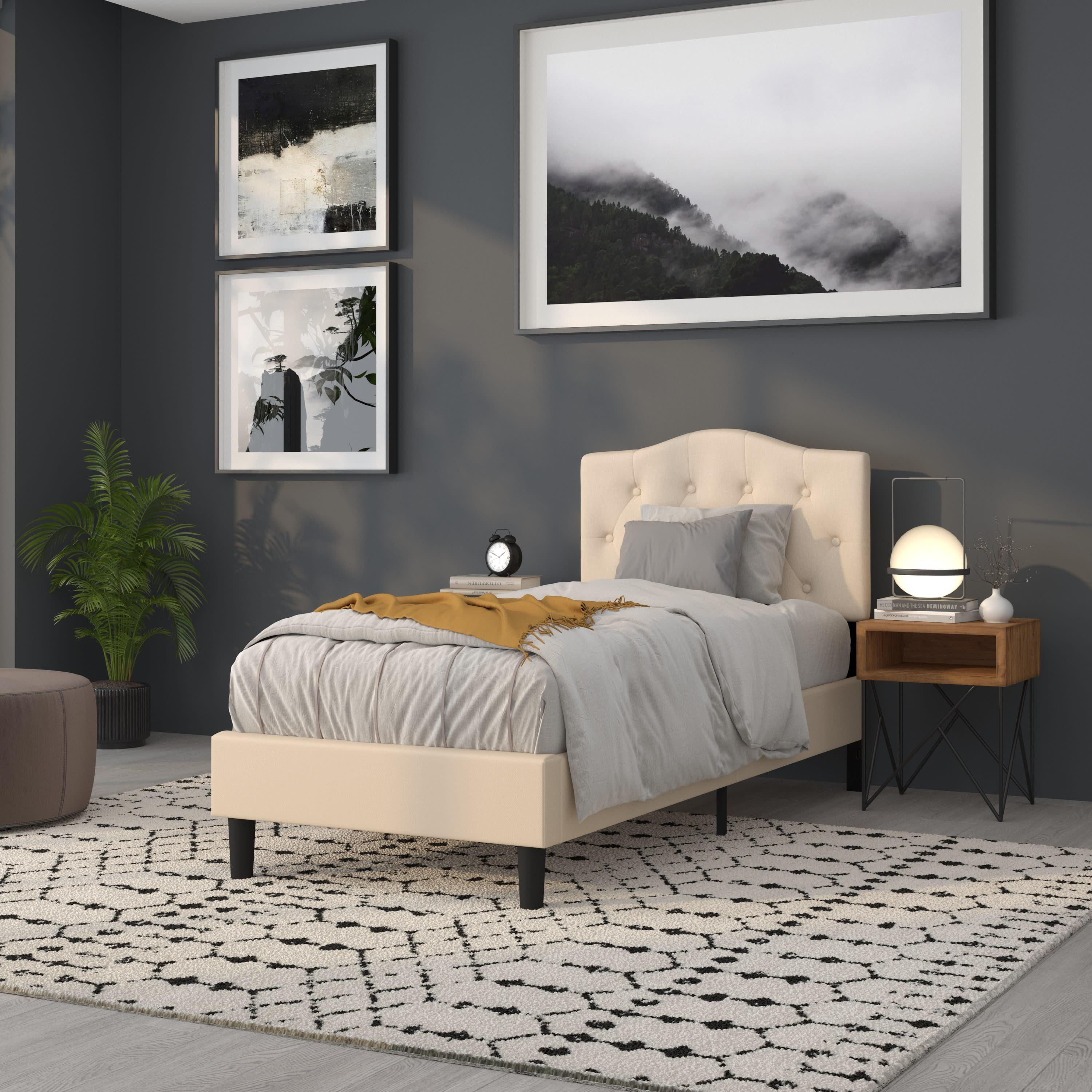 Tufted Upholstered Twin Size Headboard in Beige Fabric