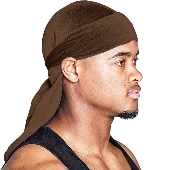 Premium Velvet for Men and Women, Extra Long Tail Wave Cap, Hip Hop Oversized Bandana Headwrap, Luxury Velvet Hair Bonnet Coffee