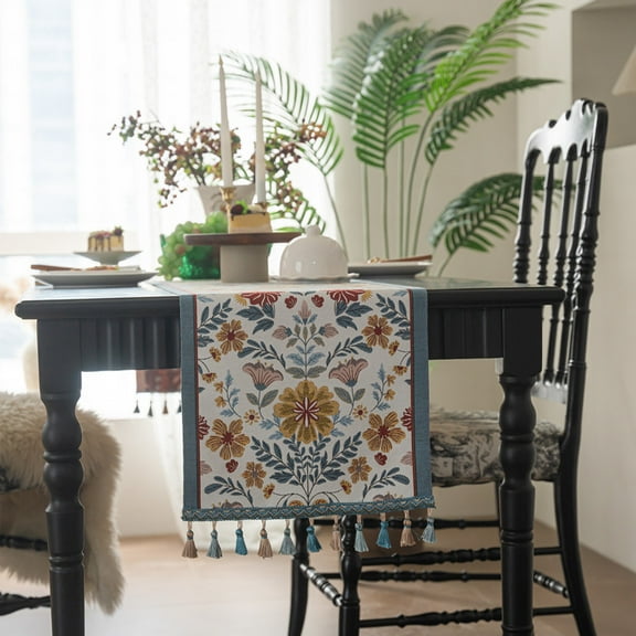 YGUII Table Runner with Tassels Vintage Luxury Embroidered Floral Table Runners for Dining Living Room Dresser Scarfs