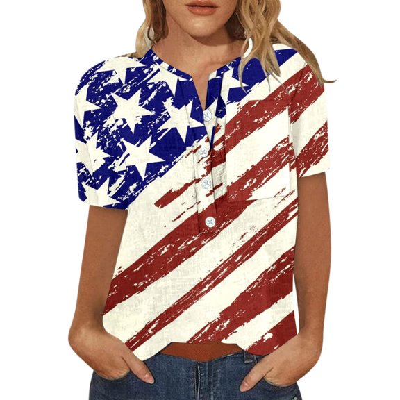 Patlollav Plus Size Womens Clearance Tops,Blouses for Ladies Short Sleeve Print Button Pockets Casual Tops