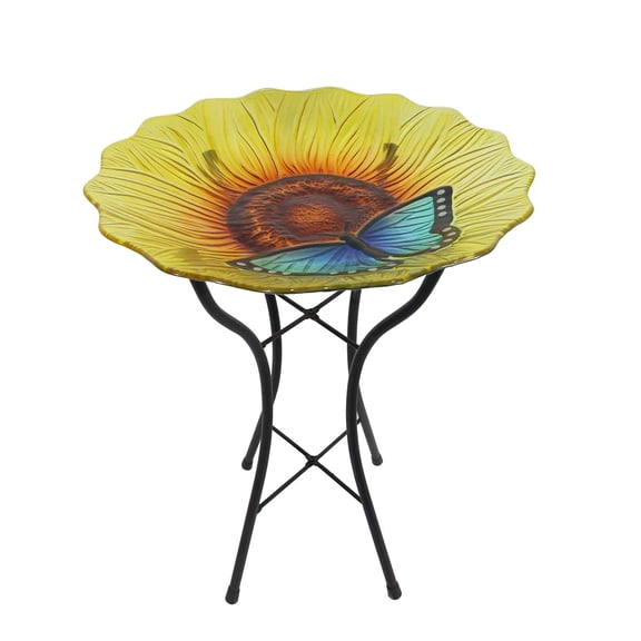 Briarwood Lane Spring Glass Butterfly and Sunflower Bird Bath Including Metal Stand For Spring Birdbath