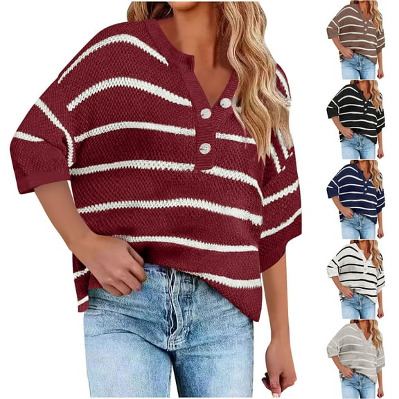 LOVZFMLL Sweaters for Women Acrylic V-Neck Ribbed Pullover Striped Button Casual Loose Long Sleeve Tops Warm Fall Winter Clothes