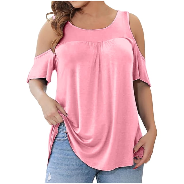 FAIWAD Hauts d'Été pour Femmes Épaules Dénudées Manches Courtes Col Rond T-Shirts Couleur Unie Tunique Basique Décontractée