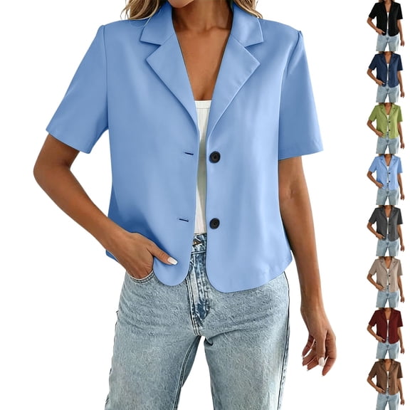 QINGFSAP Womens Short Blazer Short Sleeve Lapel Casual Business Jacket