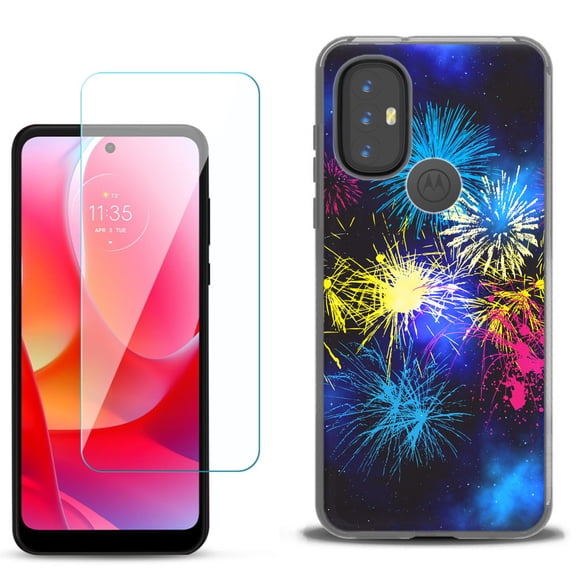Slim-Fit Gel TPU Phone Case for Motorola Moto G Power 2022, with Tempered Glass Screen Protector, by OneToughShield ® - Fireworks