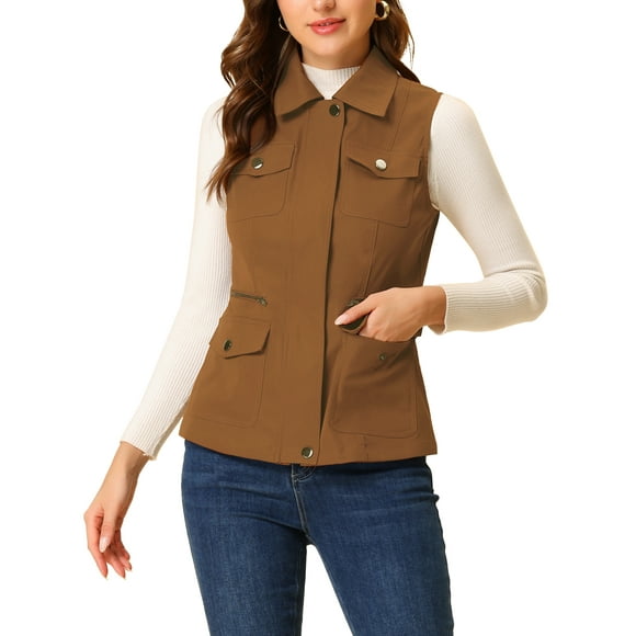 Unique Bargains Women's Zip Up Jacket with Pockets Sleeveless Anorak Utility Vest Brown XX-Large