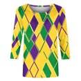 thumbnail image 5 of Cavosen Mardi Gras Dressy Tops for Women 3/4 Sleeves Festival Carnival Round Neck Shirts Argyle Graphic Print Tops Holiday Novelty Blouse Loose Athletic Tees Party Tuesday Green M, 5 of 5