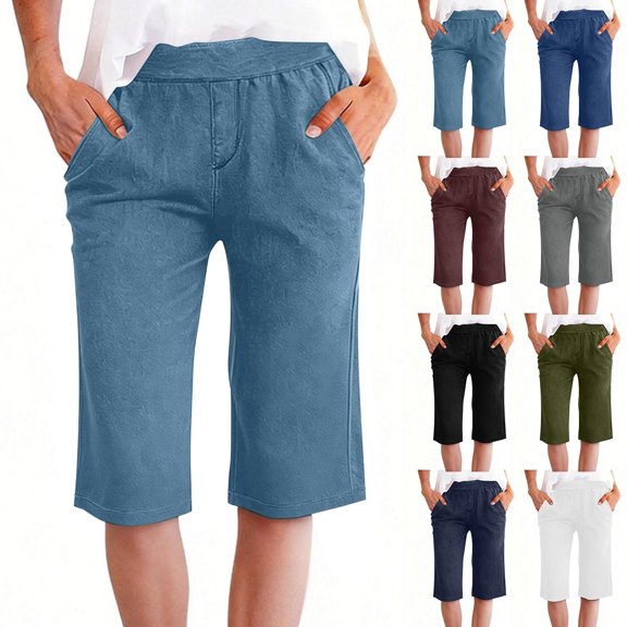 Inglocry Bermuda Shorts for Women 2026 High Waisted Drawstring Trendy Stretchy Denim Shorts Knee Length Cutoff Loose Fit Long Short Pants Black XL