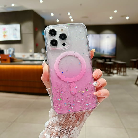 For Apple iPhone 14 Pro Max (6.7") Gradient Clear Hybrid with MagSafe Compatible Glitter Stars Flakes Luxury Bling Case Cover fit iPhone 14 Pro Max - Pink Blue