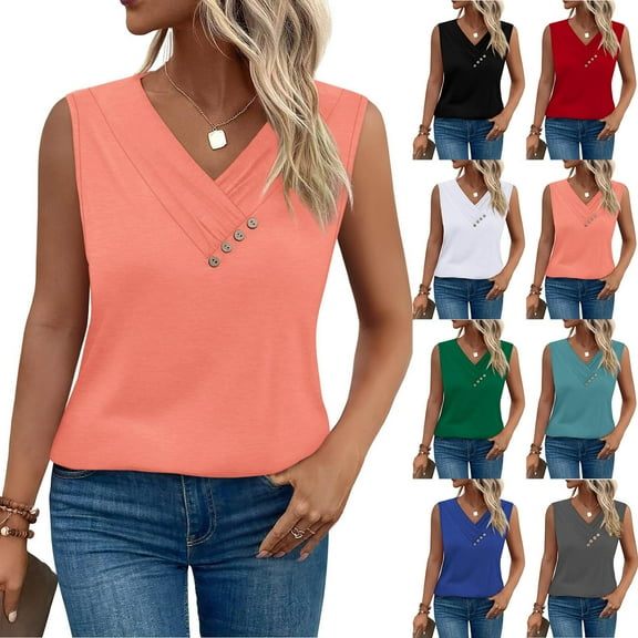 Women Plus Size Tops Sawvnm Fashion Women's Summer Button Down V Neck T Shirts Sleeveless Loose Fashion Tops Clearance Clothes under $5.00