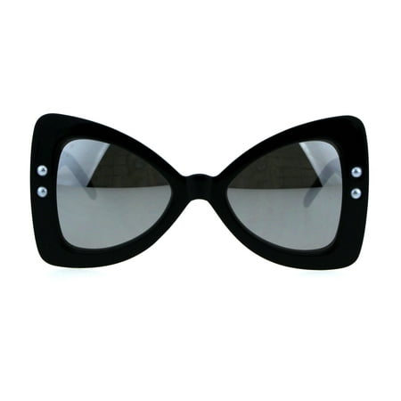 Womens Thick Plastic Butterfly Bat Shape Designer Sunglasses Black Silver Mirror