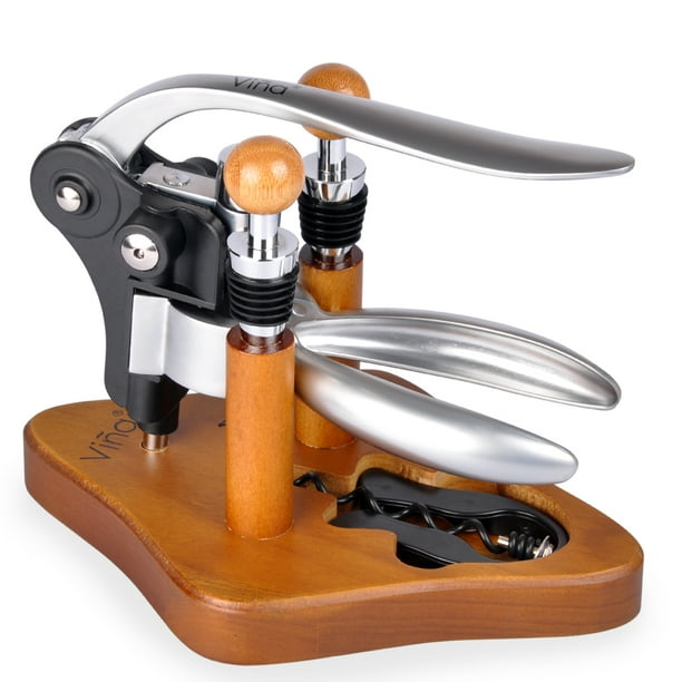 Rabbit Wine Bottle Opener Set with Bamboo Stand, 5 Piece Lever