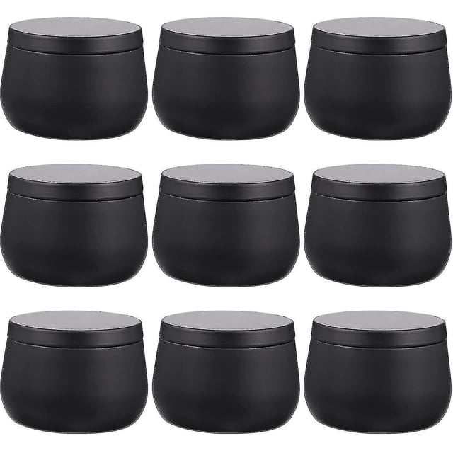 lata redonda de metal latas para velas contenedores vela té lata viaje tarro de almacenamiento vacío joyero para fabricación de velas negro, 9 piezas betterlifefg Nueve latas redondas negras de metal (54×40 mm) en vista frontal, con tapa ajustada y acabado mate, silueta baja y abombada; aptas para almacenar velas, té, joyas o accesorios, y también ideales para organización de viaje, paquete de 9.